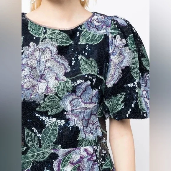 MARCHESA NOTTE NAVY FLORAL EMBROIDERED BUBBLE SEQUIN MIDI DRESS - Picture 5 of 8